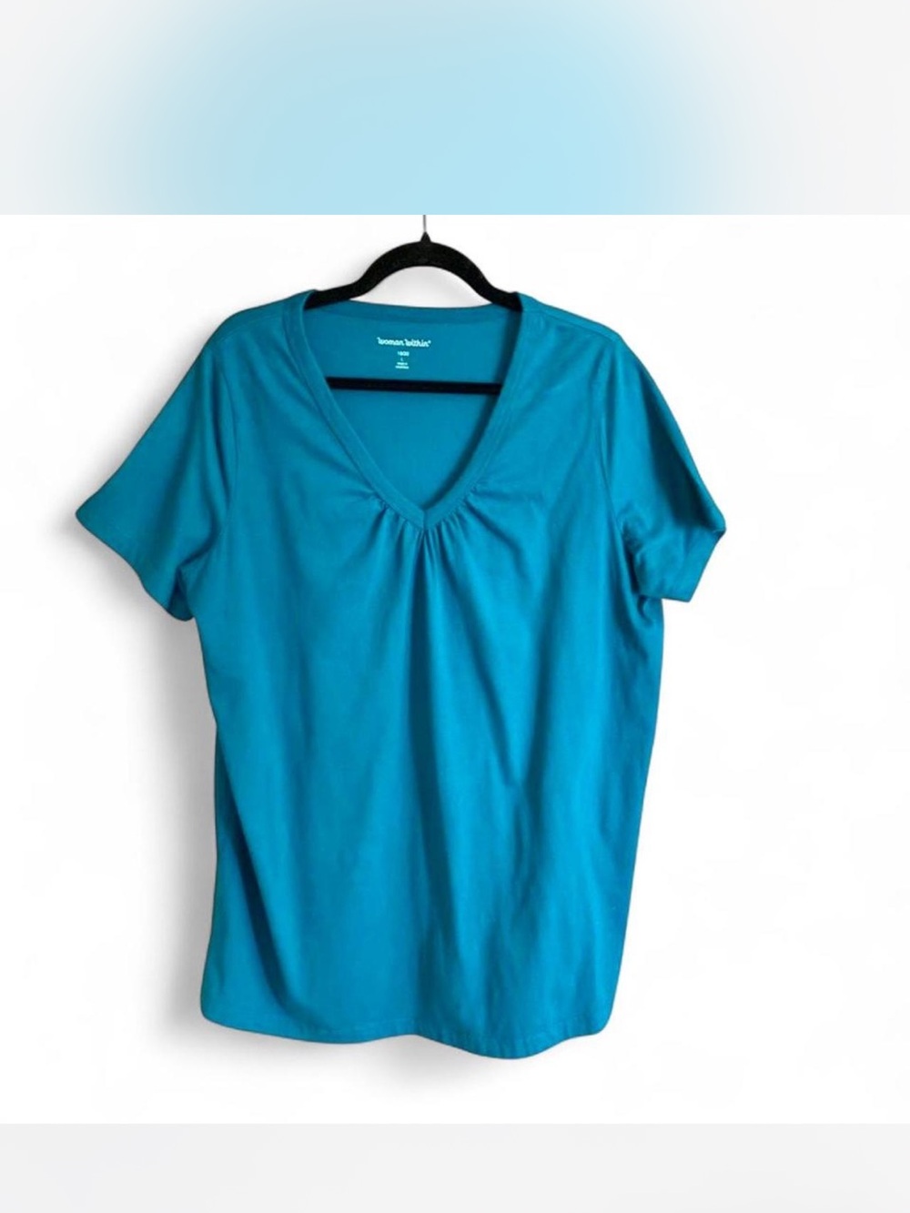 Cottagecore Casual Basics Woman Within Teal V-Neck Short Sleeve Top size L/18-20